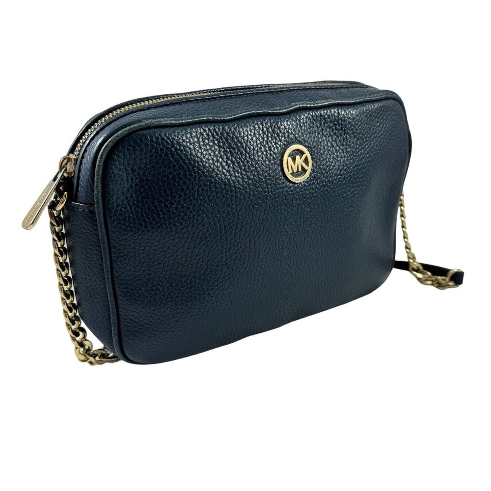 Michael Kors Fulton Crossbody Purse Bag Handbag Navy Blue Pebbled Leather